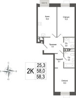Планировка двухкомнатной(квартира) площадью 58 квадратных метров в “ЖК КИНОКВАРТАЛ”