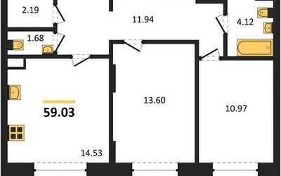 Планировка двухкомнатной(квартира) площадью 59.03 квадратных метров в ЖК “ЖК Новотомилино”