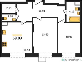 Планировка двухкомнатной(квартира) площадью 59.03 квадратных метров в “ЖК Новотомилино”