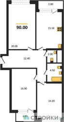 Планировка трехкомнатной(квартира) площадью 90 квадратных метров в ЖК “Квартал Филатов луг”