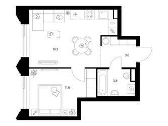 Планировка однокомнатной(квартира) площадью 38.3 квадратных метров в ЖК “ЖК Матвеевский парк”