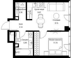 Планировка однокомнатной(квартира) площадью 36.98 квадратных метров в “ЖК Сити Бэй”