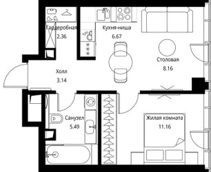 Планировка однокомнатной(квартира) площадью 36.98 квадратных метров в ЖК “ЖК Сити Бэй”