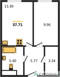 Планировка однокомнатной(апартаменты) площадью 37.71 квадратных метров в ЖК “ЖК Пятницкое 58 (Перец)”