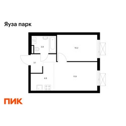Планировка однокомнатной(квартира) площадью 34 квадратных метров в ЖК “ЖК Яуза Парк (Мытищи)”