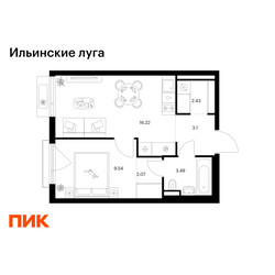 Планировка однокомнатной(квартира) площадью 36.85 квадратных метров в ЖК “ЖК Ильинские луга”