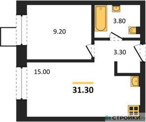 Планировка однокомнатной(квартира) площадью 31.3 квадратных метров в ЖК “ЖК Никольский квартал Отрада”