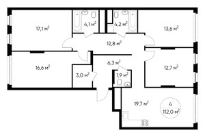 Планировка 4+ комнатной(квартира) площадью 112 квадратных метров в “ЖК Переделкино Ближнее”