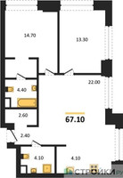 Планировка двухкомнатной(квартира) площадью 67.1 квадратных метров в “ЖК Upside Towers (Апсайд Тауэрс)”
