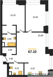 Планировка двухкомнатной(квартира) площадью 67.1 квадратных метров в ЖК “ЖК Upside Towers (Апсайд Тауэрс)”