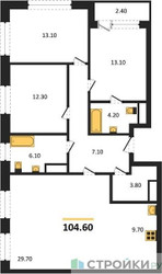 Планировка трехкомнатной(квартира) площадью 104.6 квадратных метров в ЖК “Квартал Филатов луг”