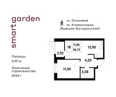 Планировка однокомнатной(квартира) площадью 36.15 квадратных метров в “ЖК Smart Garden (Смарт Гарден)”