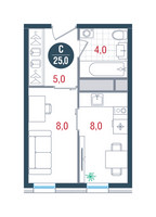Планировка студии(квартира) площадью 25 квадратных метров в “ЖК РУСИЧ-Кантемировский”
