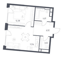 Планировка однокомнатной(квартира) площадью 44.69 квадратных метров в “ЖК Квартал на воде (Графика на воде)”