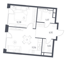 Планировка однокомнатной(квартира) площадью 44.69 квадратных метров в ЖК “ЖК Квартал на воде (Графика на воде)”