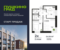 Планировка двухкомнатной(квартира) площадью 54.51 квадратных метров в “ЖК Пушкино Град”