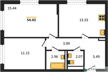 Планировка двухкомнатной(квартира) площадью 54.43 квадратных метров в ЖК “ЖК Мытищи Парк”
