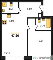Планировка однокомнатной(квартира) площадью 47.9 квадратных метров в “ЖК Мангазея в Богородском”