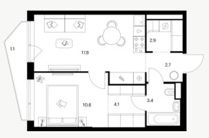 Планировка однокомнатной(квартира) площадью 42.6 квадратных метров в “ЖК Строгино 360”