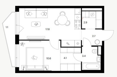 Планировка однокомнатной(квартира) площадью 42.6 квадратных метров в ЖК “ЖК Строгино 360”