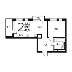 Планировка двухкомнатной(квартира) площадью 41.6 квадратных метров в ЖК “Новые Ватутинки. Заречный”