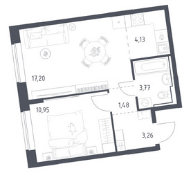 Планировка однокомнатной(квартира) площадью 40.79 квадратных метров в ЖК “ЖК Подольские кварталы”