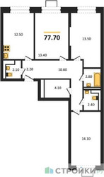 Планировка трехкомнатной(квартира) площадью 77.7 квадратных метров в ЖК “ЖК Мытищи Парк”
