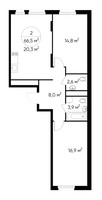 Планировка двухкомнатной(квартира) площадью 66.5 квадратных метров в “ЖК Переделкино Ближнее”