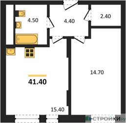 Планировка однокомнатной(квартира) площадью 41.4 квадратных метров в ЖК “ЖК Переделкино Ближнее”