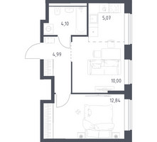 Планировка однокомнатной(квартира) площадью 37 квадратных метров в “ЖК Квартал Домашний”