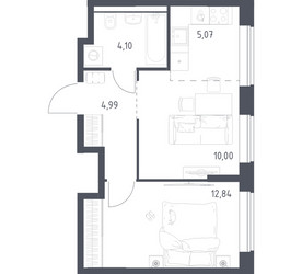 Планировка однокомнатной(квартира) площадью 37 квадратных метров в ЖК “ЖК Квартал Домашний”