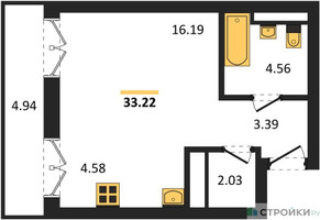 Планировка студии(квартира) площадью 33.22 квадратных метров в “ЖК Одинбург”