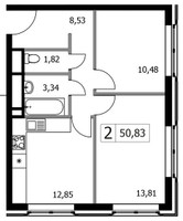 Планировка двухкомнатной(квартира) площадью 50.83 квадратных метров в “ЖК Городские Истории”