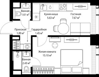 Планировка однокомнатной(квартира) площадью 35.78 квадратных метров в ЖК “ЖК Веер”