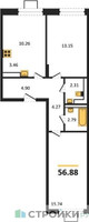 Планировка двухкомнатной(квартира) площадью 56.88 квадратных метров в “ЖК Томилино Парк”