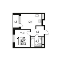 Планировка однокомнатной(квартира) площадью 33.4 квадратных метров в “Новые Ватутинки. Заречный”