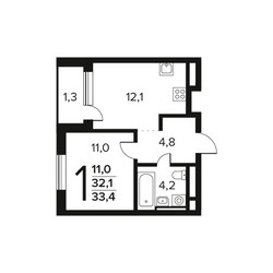 Планировка однокомнатной(квартира) площадью 33.4 квадратных метров в ЖК “Новые Ватутинки. Заречный”