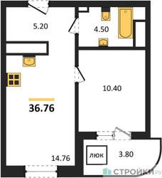 Планировка однокомнатной(квартира) площадью 36.76 квадратных метров в ЖК “Ласточкино”