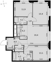 Планировка 4+ комнатной(квартира) площадью 90.5 квадратных метров в “ЖК Сидней Сити”