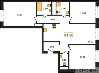 Планировка трехкомнатной(квартира) площадью 83.8 квадратных метров в ЖК “ЖК Детали”