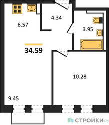 Планировка однокомнатной(квартира) площадью 34.59 квадратных метров в ЖК “ЖК Рублевский Квартал”