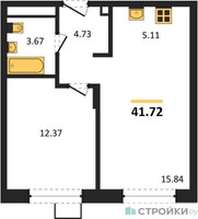 Планировка однокомнатной(квартира) площадью 41.72 квадратных метров в “ЖК Новоград Павлино”
