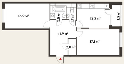 Планировка двухкомнатной(квартира) площадью 66.6 квадратных метров в ЖК “Миниполис 8 кленов”