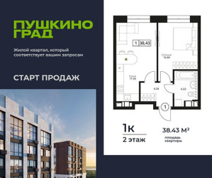 Планировка однокомнатной(квартира) площадью 38.43 квадратных метров в ЖК “ЖК Пушкино Град”
