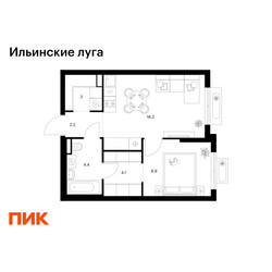 Планировка однокомнатной(квартира) площадью 38.8 квадратных метров в ЖК “ЖК Ильинские луга”