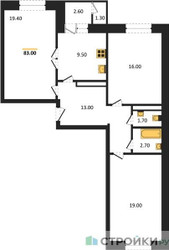 Планировка трехкомнатной(квартира) площадью 84.1 квадратных метров в “ЖК Три квартала”