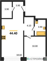 Планировка однокомнатной(квартира) площадью 44.4 квадратных метров в “ЖК Дом А”