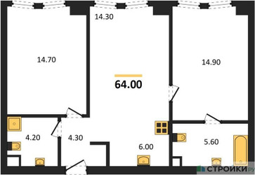 Планировка двухкомнатной(квартира) площадью 64 квадратных метров в ЖК “ЖК Мангазея на Тульской”