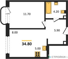 Планировка однокомнатной(квартира) площадью 34 квадратных метров в “Жилой район Alia (Алиа)”