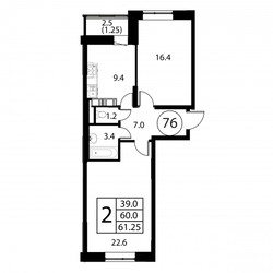 Планировка двухкомнатной(квартира) площадью 61.2 квадратных метров в ЖК “ЖК Космос”